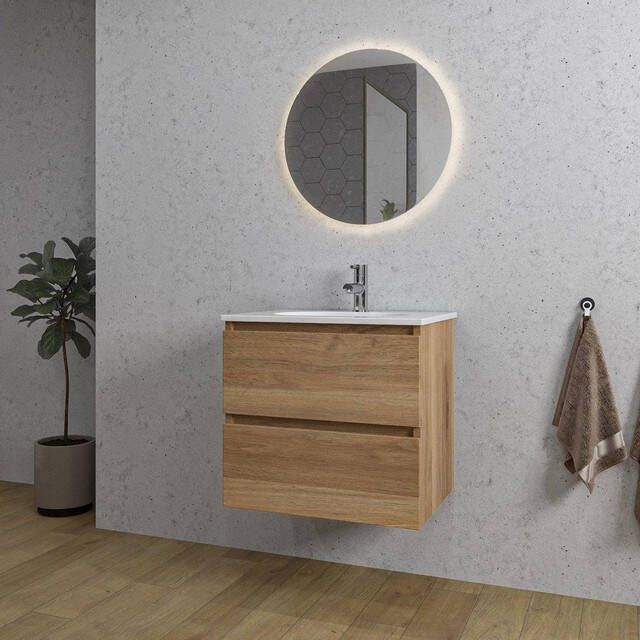 Adema Chaci Badkamermeubelset 60x46x57cm 1 ovale keramische wasbak wit 1 kraangat 2 lades ronde spiegel met verlichting eiken SW718700 SW718716 SW108325