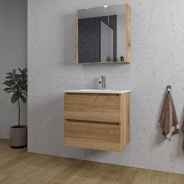 Adema Chaci Badkamermeubelset 60x46x57cm 1 ovale keramische wasbak wit 1 kraangat 2 lades Spiegelkast eiken SW718700 SW718716 SW812066 SW812072