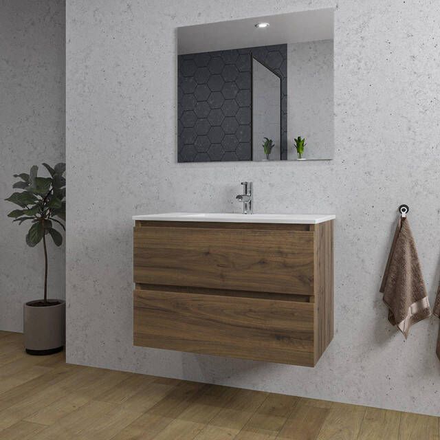 Adema Chaci Badkamermeubelset 80x46x55cm 1 keramische wasbak wit 1 kraangat 2 lades rechthoekige spiegel noten (hout) SW1212764 SW804531 SW724611