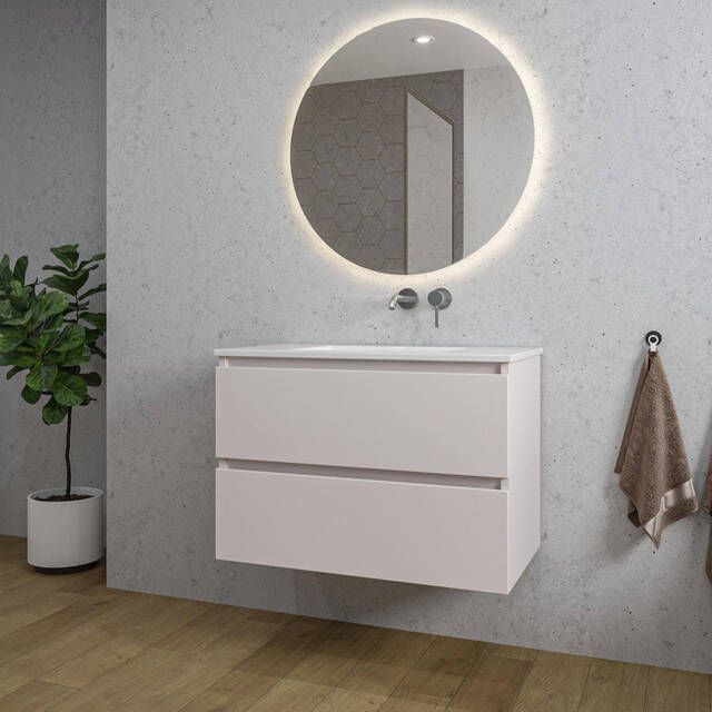 Adema Chaci Badkamermeubelset 80x46x55cm 1 keramische wasbak wit zonder kraangaten 2 lades ronde spiegel met verlichting mat cotton (beige) SW1122822 SW773926 SW108328