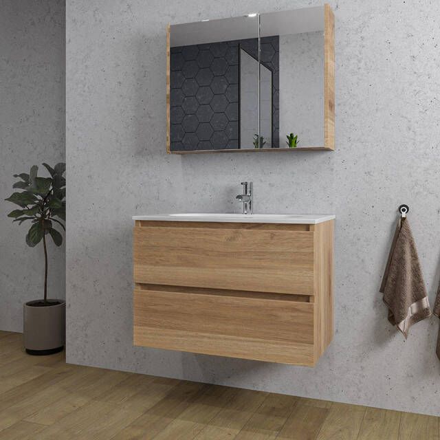 Adema Chaci Badkamermeubelset 80x46x57cm 1 ovale keramische wasbak wit 1 kraangat 2 lades Spiegelkast eiken SW718701 SW718717 SW812067 SW812072