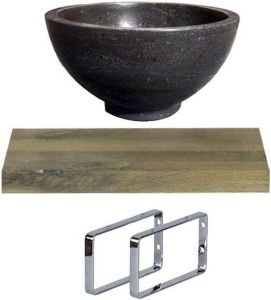 Adema Fonteinset Waskom 20cm hardsteen Fonteinplank massief eiken recht 40x25x4cm Frame Chroom sw369718 sw373483 sw458168