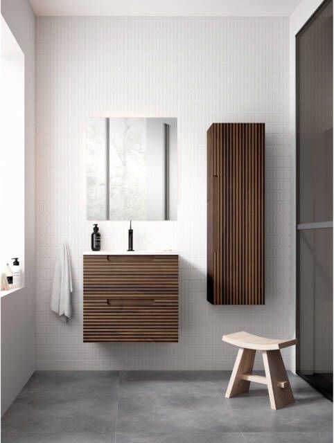 Adema Prime Balance Badkamermeubelset 60x55x45cm 1 ovale keramische wasbak wit 1 kraangat 2 lades rechthoekige spiegel noten SW718716 SW724610 SW1027164