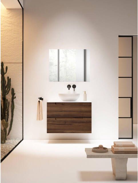 Adema Prime Balance Badkamermeubelset 80x55x45cm 1 rechthoekige keramische wasbak wit 1 kraangat 2 lades rechthoekige spiegel noten SW724611 SW804531 SW1027167