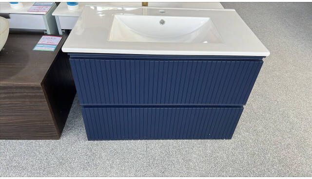 Adema Prime Blend Wastafelonderkast met keramische wastafel 1 kraangat 80x55x45.9cm 2 lades geintegreerde greep MDF mat marine blauw OUTLET UDEN ARES_80_Navy Blue