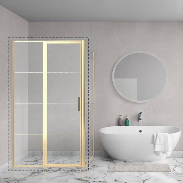 Aqua Vista Triple Draaideur met vast deel 100x200 cm 8mm helder glas onderdeel hoekcabine geborsteld messing (goud) R-BYT-C100-FFF