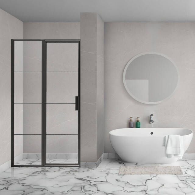 Aqua Vista Triple Draaideur met vast deel 15x200 cm 8mm helder glas mat zwart R-BE-L150-FFF