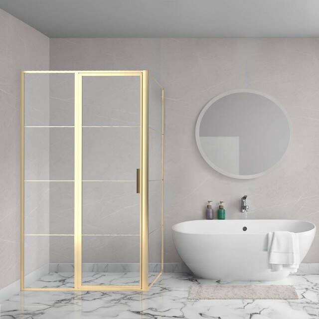 Aqua Vista Triple Draaideur met vast deel 90x200 cm 8mm helder glas onderdeel hoekcabine geborsteld messing (goud) R-BYT-C90-FFF