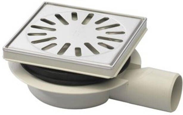 Aquaberg ABS vloerput m. ABS opzetstuk m. RVS sierrand m. zijuitl. Ø50mm verstelbaar 146x146mm m. PPC reukafsluiter reukslot 32mm