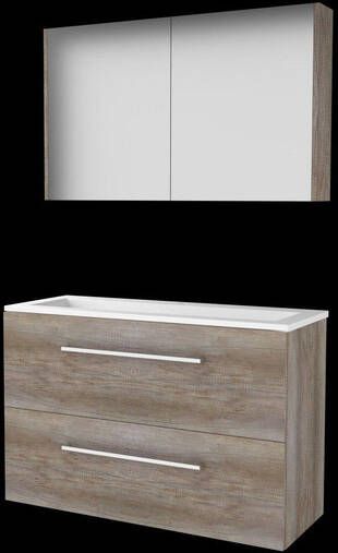 Basic Line Basic-Line Comfort 39 badkamermeubelset 100x39cm met grepen 2 lades acryl wastafel 1 kraangat Spiegelkast MFC Scotch Oak 1810590