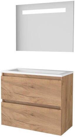 Basic Line Basic-Line Economic 39 badkamermeubelset 80x39cm greeploos 2 lades acryl wastafel 0 kraangaten Spiegel geintegreerde LED verlichting MFC Whisky Oak 1810289