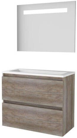 Basic Line Basic-Line Economic 39 badkamermeubelset 80x39cm greeploos 2 lades acryl wastafel 0 kraangaten Spiegel geintegreerde LED verlichting MFC Scotch Oak 1810290