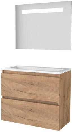 Basic Line Basic-Line Economic 39 badkamermeubelset 80x39cm greeploos 2 lades acryl wastafel 1 kraangat Spiegel geintegreerde LED verlichting MFC Whisky Oak 1810292