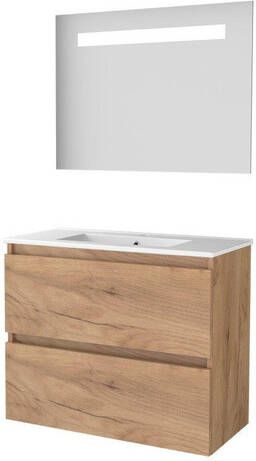 Basic Line Basic-Line Economic 39 badkamermeubelset 80x39cm greeploos 2 lades porseleinen wastafel 1 kraangat Spiegel geintegreerde LED verlichting MFC Whisky Oak 1810022