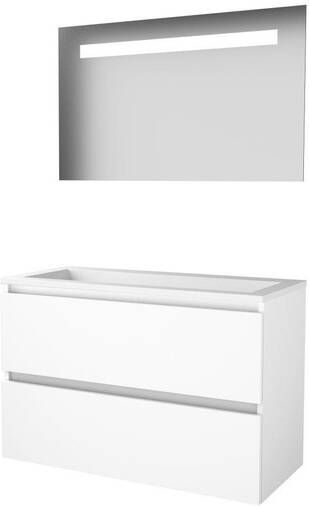 Basic Line Basic-Line Economic 46 badkamermeubelset 100x46cm greeploos 2 lades acryl wastafel 0 kraangaten Spiegel geintegreerde LED verlichting MDF lak Ice White 1810429