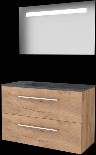 Basic Line Basic-Line Economic 46 badkamermeubelset 100x46cm met grepen 2 lades hardsteen wastafel 0 kraangaten Spiegel geintegreerde LED verlichting MFC Whisky Oak 1813283