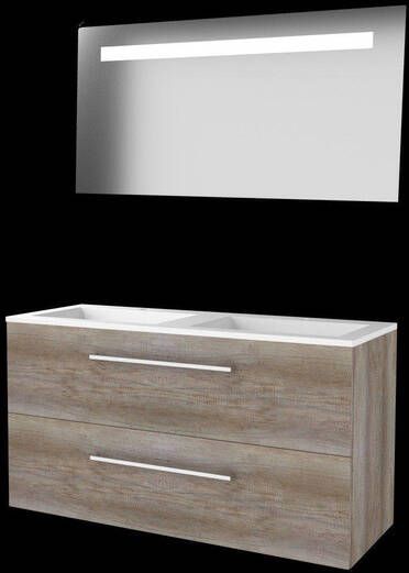 Basic Line Basic-Line Economic 46 badkamermeubelset 120x46cm met grepen 4 lades acryl wastafel 2 kraangaten Spiegel geintegreerde LED verlichting MFC Scotch Oak 1810713