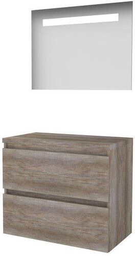 Basic Line Basic-Line Economic 46 badkamermeubelset 80x46cm greeploos 2 lades wastafelblad Spiegel geintegreerde LED verlichting MFC Scotch Oak 1813464