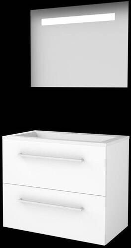 Basic Line Basic-Line Economic 46 badkamermeubelset 80x46cm met grepen 2 lades acryl wastafel 1 kraangat Spiegel geintegreerde LED verlichting MDF lak Ice White 1810696