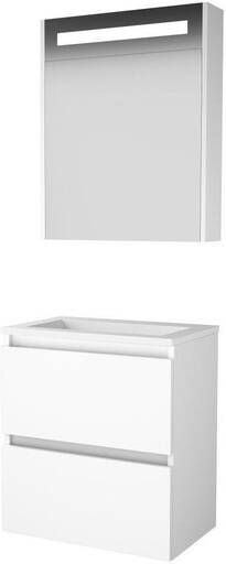 Basic Line Basic-Line Premium 39 badkamermeubelset 60x39cm greeploos 2 lades acryl wastafel 0 kraangaten Spiegelkast geintegreerde LED verlichting MDF lak Ice White 1810324