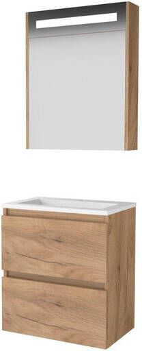 Basic Line Basic-Line Premium 39 badkamermeubelset 60x39cm greeploos 2 lades acryl wastafel 1 kraangat Spiegelkast geintegreerde LED verlichting MFC Whisky Oak 1810328