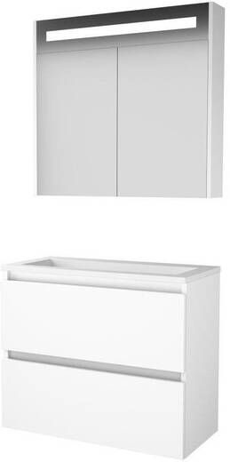 Basic Line Basic-Line Premium 39 badkamermeubelset 80x39cm greeploos 2 lades acryl wastafel 0 kraangaten Spiegelkast geintegreerde LED verlichting MDF lak Ice White 1810330