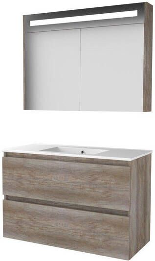 Basic Line Basic-Line Premium 46 badkamermeubelset 100x46cm greeploos 2 lades porseleinen wastafel 1 kraangat Spiegelkast geintegreerde LED verlichting MFC Scotch Oak 1810116