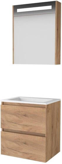 Basic Line Basic-Line Premium 46 badkamermeubelset 60x46cm greeploos 2 lades acryl wastafel 0 kraangaten Spiegelkast geintegreerde LED verlichting MFC Whisky Oak 1810484