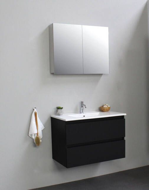 Basic Line Bella Badkamermeubelset 80x55x46cm 1 wasbak Keramiek Wit 1 kraangat Spiegelkast zonder verlichting zijpanelen zwart Melamine Zwart mat SW491905 SW491932