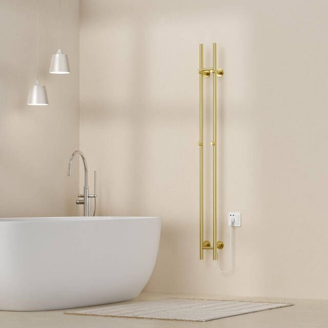 Belrad Rod staafhanddoekdroger 150x16 8x12 7 cm elektrisch dubbel 120w 2 5cm geborsteld goud HS1513BG