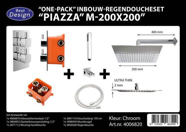 Best Design One pack inbouw regendoucheset & Inb.box Piazza vierkant M 200x200 4006820