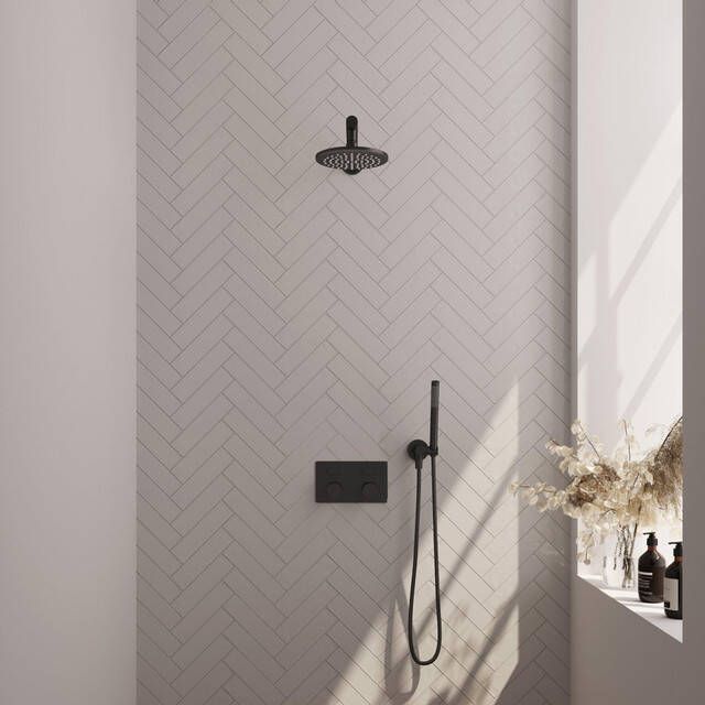 Brauer Black Carving thermostatische inbouw regendouche met drukknoppen SET 49 met 20 cm douchekop en rechte muurarm en staaf handdouche en doucheslang en wandaansluitbocht mat zwart
