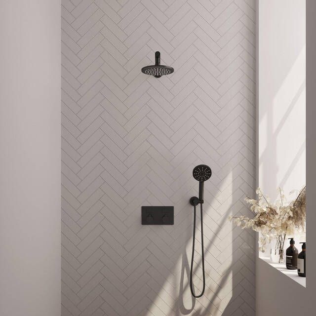 Brauer Black Carving thermostatische inbouw regendouche met drukknoppen SET 55 met 20 cm douchekop en rechte muurarm en 3-standen handdouche en doucheslang en wandaansluitbocht mat zwart