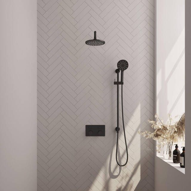 Brauer Black Carving thermostatische inbouw regendouche met drukknoppen SET 69 met 20 cm douchekop en gebogen muurarm en 3-standen handdouche en doucheslang en geïntegreerde glijstang mat zwart