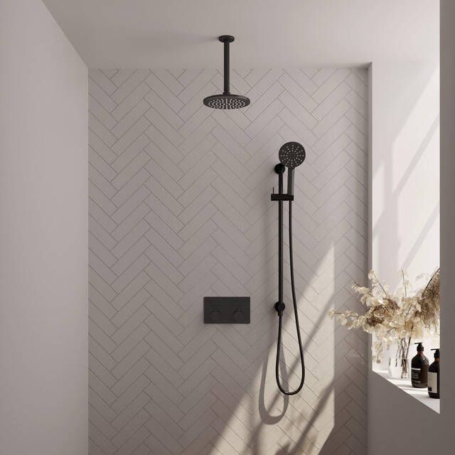Brauer Black Carving thermostatische inbouw regendouche met drukknoppen SET 71 met 20 cm douchekop en plafondarm en 3-standen handdouche en doucheslang en geïntegreerde glijstang mat zwart