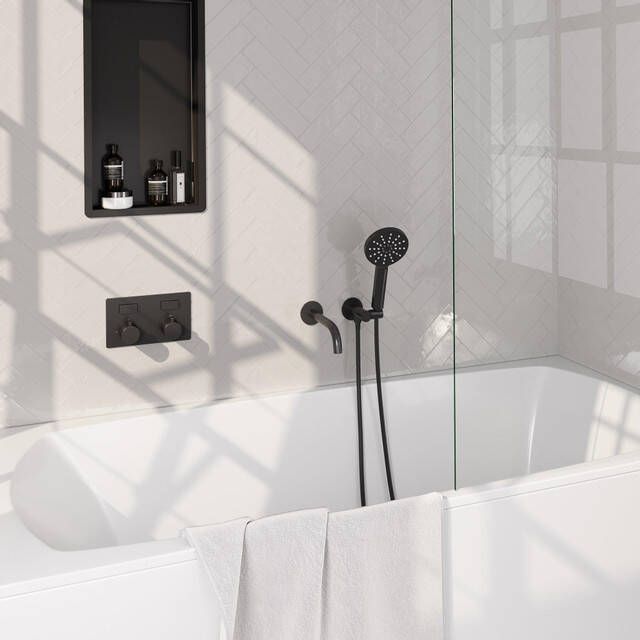 Brauer Black Edition thermostatische inbouw badkraan met drukknoppen SET 04 met uitloop en 3-standen handdouche en doucheslang en wandaansluitbocht mat zwart