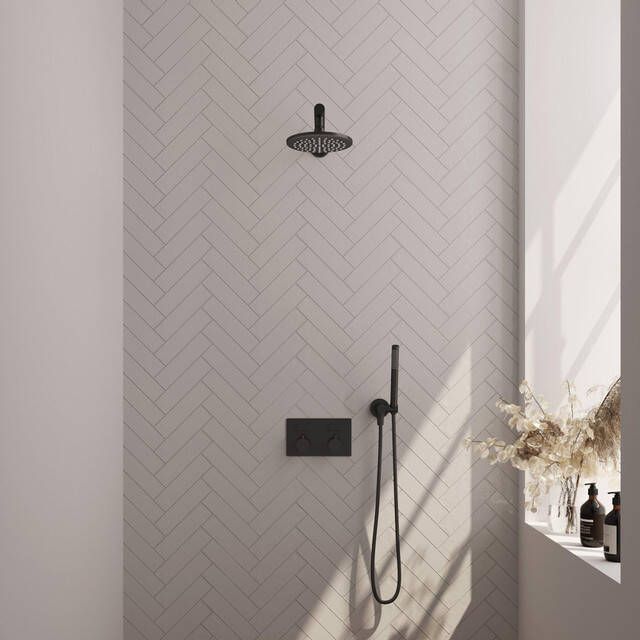 Brauer Black Edition thermostatische inbouw regendouche met drukknoppen SET 49 met 20 cm douchekop en rechte muurarm en staaf handdouche en doucheslang en wandaansluitbocht mat zwart
