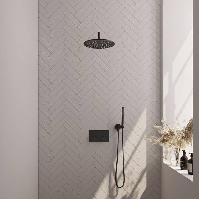Brauer Black Edition thermostatische inbouw regendouche met drukknoppen SET 52 met 30 cm douchekop en gebogen muurarm en staaf handdouche en doucheslang en wandaansluitbocht mat zwart