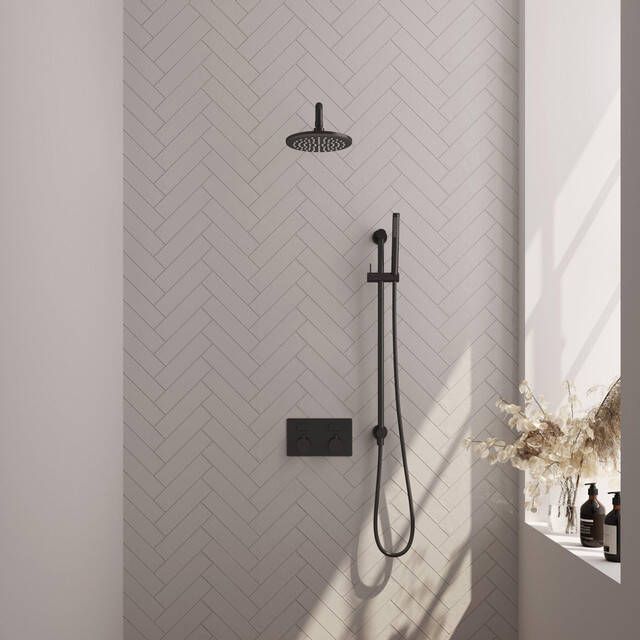 Brauer Black Edition thermostatische inbouw regendouche met drukknoppen SET 63 met 20 cm douchekop en gebogen muurarm en staaf handdouche en doucheslang en geïntegreerde glijstang mat zwart