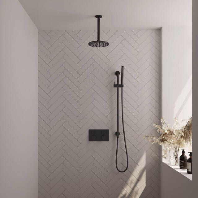 Brauer Black Edition thermostatische inbouw regendouche met drukknoppen SET 65 met 20 cm douchekop en plafondarm en staaf handdouche en doucheslang en geïntegreerde glijstang mat zwart
