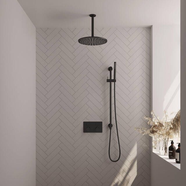 Brauer Black Edition thermostatische inbouw regendouche met drukknoppen SET 66 met 30 cm douchekop en plafondarm en staaf handdouche en doucheslang en geïntegreerde glijstang mat zwart