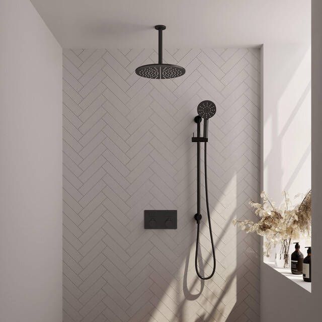 BRAUER Black Edition Thermostatische Regendouche inbouw drukknoppen SET 72 30cm hoofddouche plafondarm 3 standen handdouche doucheslang geïntegreerde glijstang zwart mat 5-S-183