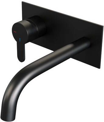 Brauer Black Edition Wastafelmengkraan inbouw gebogen uitloop rechts smalle platte gladde hendel afdekplaat model D2 mat zwart 5-S-083-B4