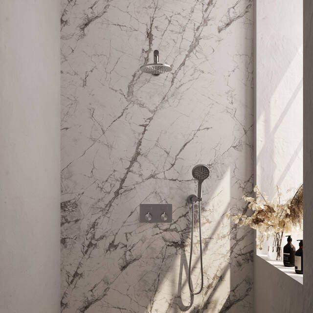Brauer Brushed Carving thermostatische inbouw regendouche met drukknoppen SET 55 met 20 cm douchekop en rechte muurarm en 3-standen handdouche en doucheslang en wandaansluitbocht RVS geborsteld PVD