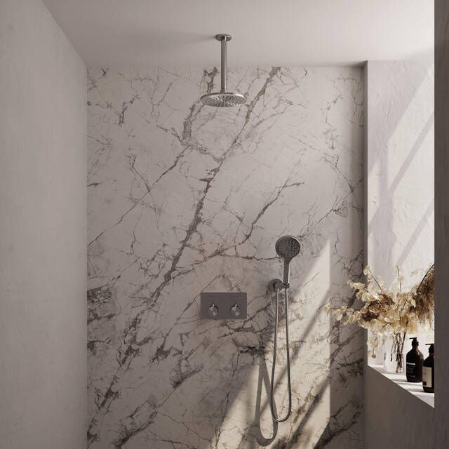 Brauer Brushed Carving thermostatische inbouw regendouche met drukknoppen SET 59 met 20 cm douchekop en plafondarm en 3-standen handdouche en doucheslang en wandaansluitbocht RVS geborsteld PVD