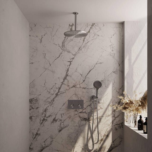 Brauer Brushed Edition thermostatische inbouw regendouche met drukknoppen SET 60 met 30 cm douchekop en plafondarm en 3-standen handdouche en doucheslang en wandaansluitbocht RVS geborsteld PVD
