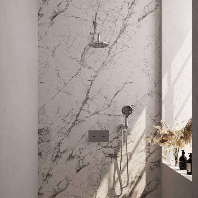 Brauer Chrome Carving thermostatische inbouw regendouche met drukknoppen SET 57 met 20 cm douchekop en gebogen muurarm en 3-standen handdouche en doucheslang en wandaansluitbocht chroom