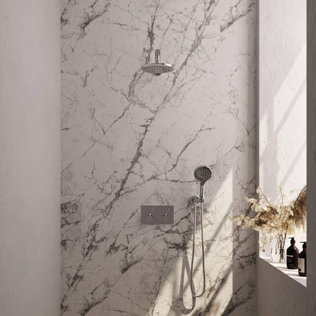 Brauer Chrome Edition thermostatische inbouw regendouche met drukknoppen SET 55 met 20 cm douchekop en rechte muurarm en 3-standen handdouche en doucheslang en wandaansluitbocht chroom