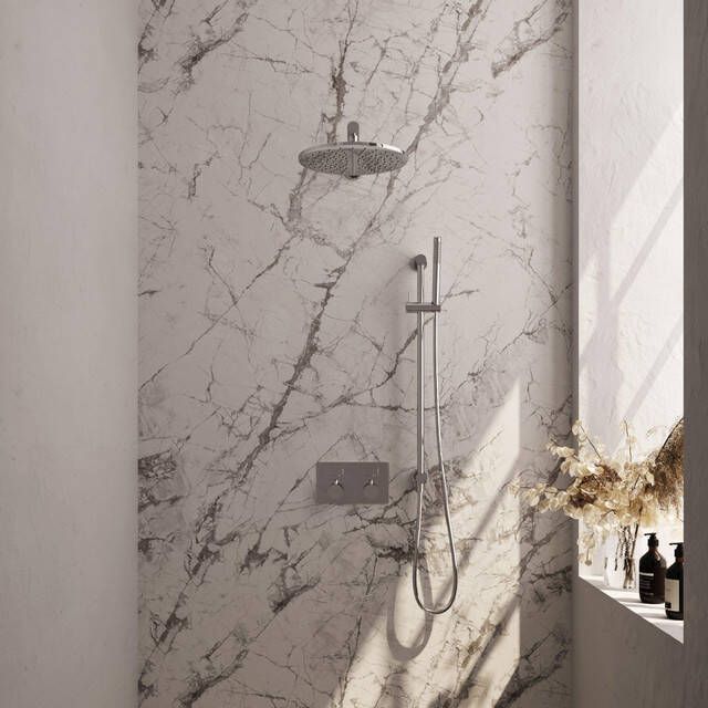 Brauer Chrome Edition thermostatische inbouw regendouche met drukknoppen SET 62 met 30 cm douchekop en rechte muurarm en staaf handdouche en doucheslang en geïntegreerde glijstang chroom