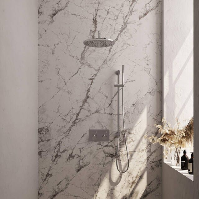 Brauer Chrome Edition thermostatische inbouw regendouche met drukknoppen SET 64 met 30 cm douchekop en gebogen muurarm en staaf handdouche en doucheslang en geïntegreerde glijstang chroom